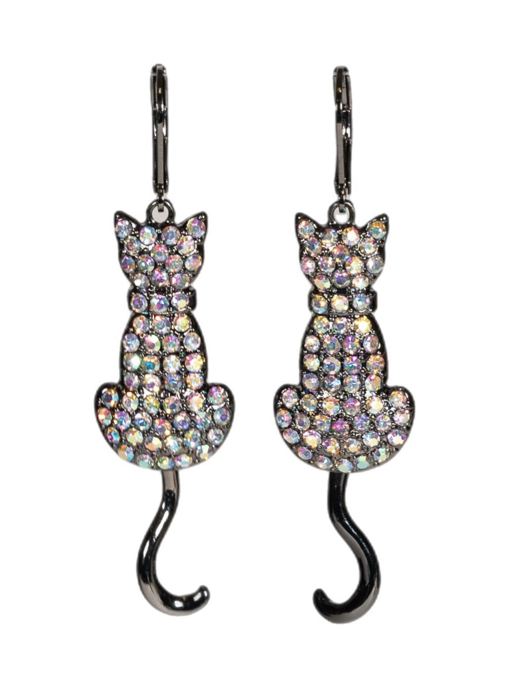 Bella Jack Rhinestone Cat Earrings Articulated Swinging Tail Gunmetal